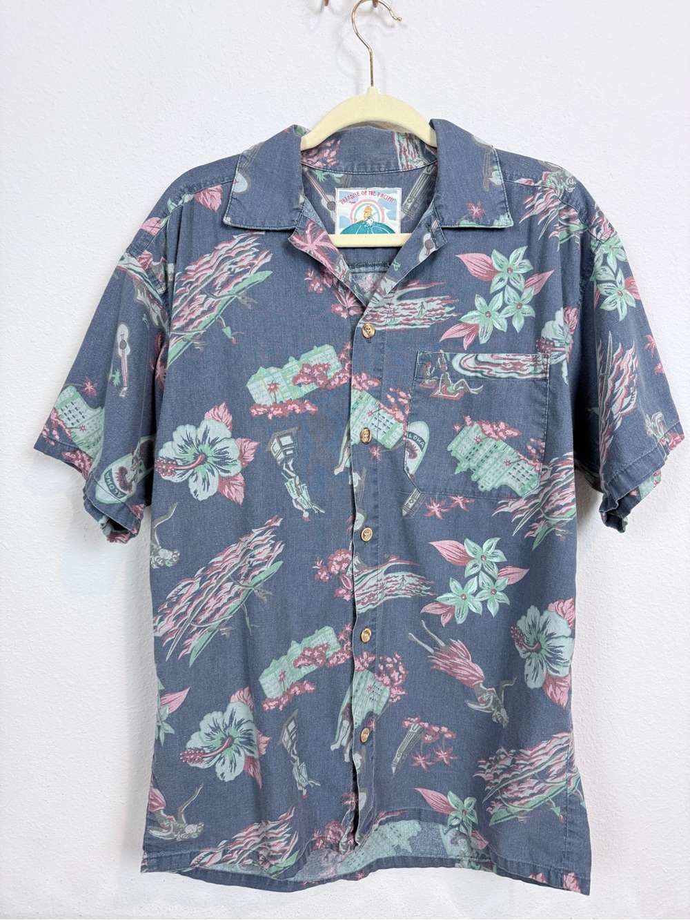 Vintage Paradise of the Pacific Blue 80s Hawaiian Shirt Single-Stitch Cotton S